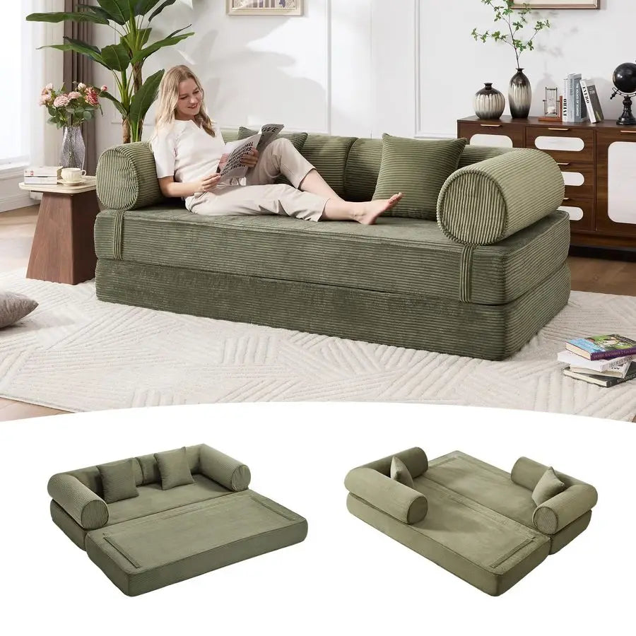 Boneless Sofa Bed, Corduroy Compress Couch with Wide Armrests amp 2 Pillows, Deep Seat Couches for Living Room