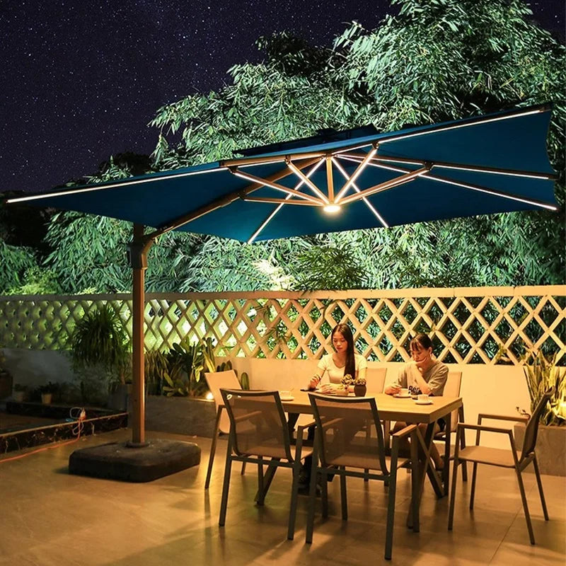 Market Outdoor Furniture Cantilever Patio Umbrella With Solar LED Lights 100mm Pole Windproof Garden Parasol For Villa Hotel