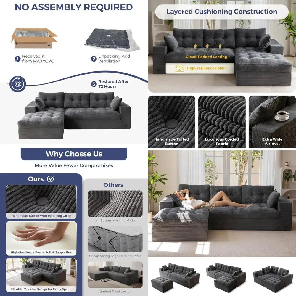104" L Shaped Modular Sectional Sofa with Ottoman, Cloud Boneless Couch with Layered Cushion, Upholstered Sofa in a Box, Flexibl