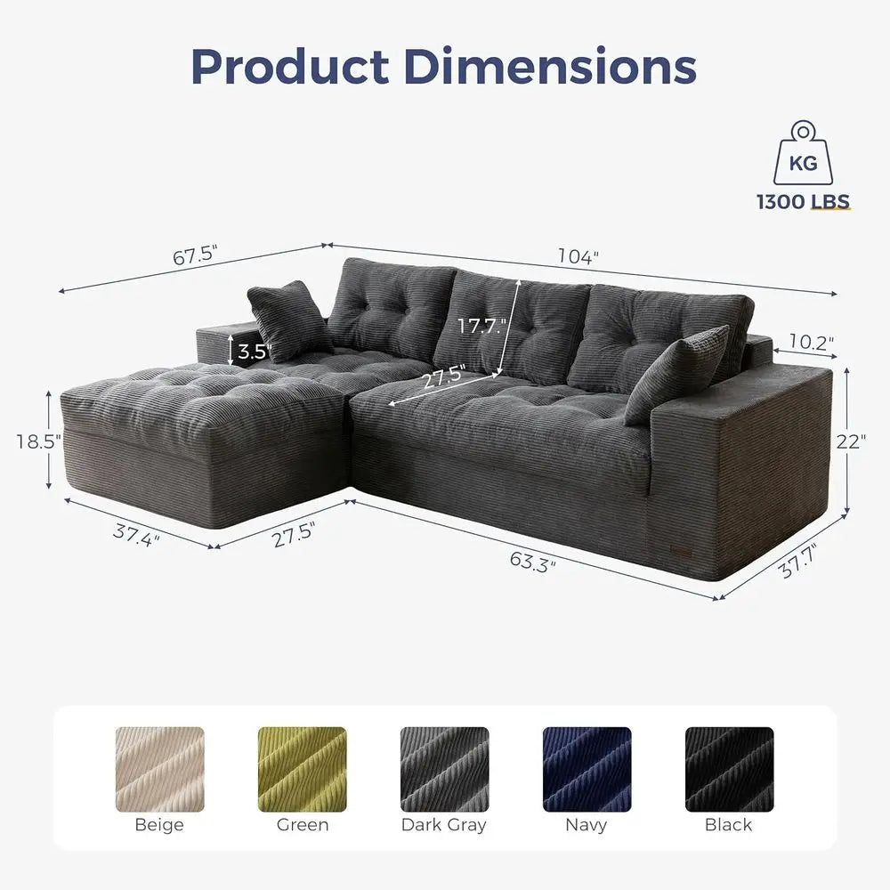 104" L Shaped Modular Sectional Sofa with Ottoman, Cloud Boneless Couch with Layered Cushion, Upholstered Sofa in a Box, Flexibl