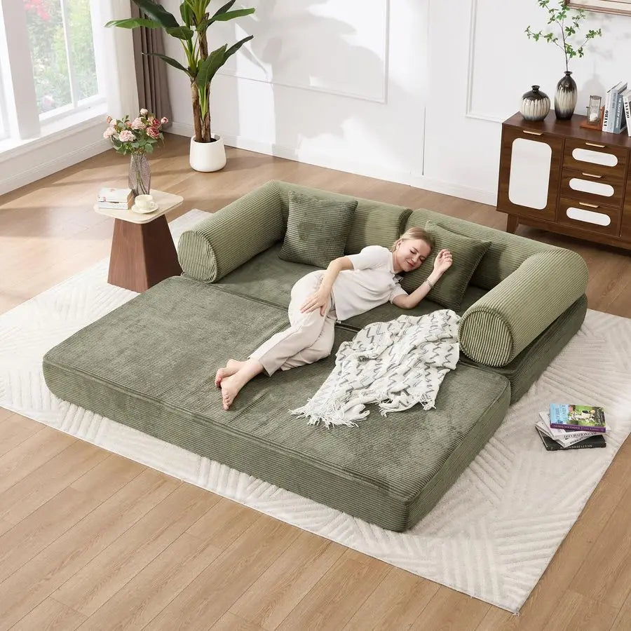 Boneless Sofa Bed, Corduroy Compress Couch with Wide Armrests amp 2 Pillows, Deep Seat Couches for Living Room