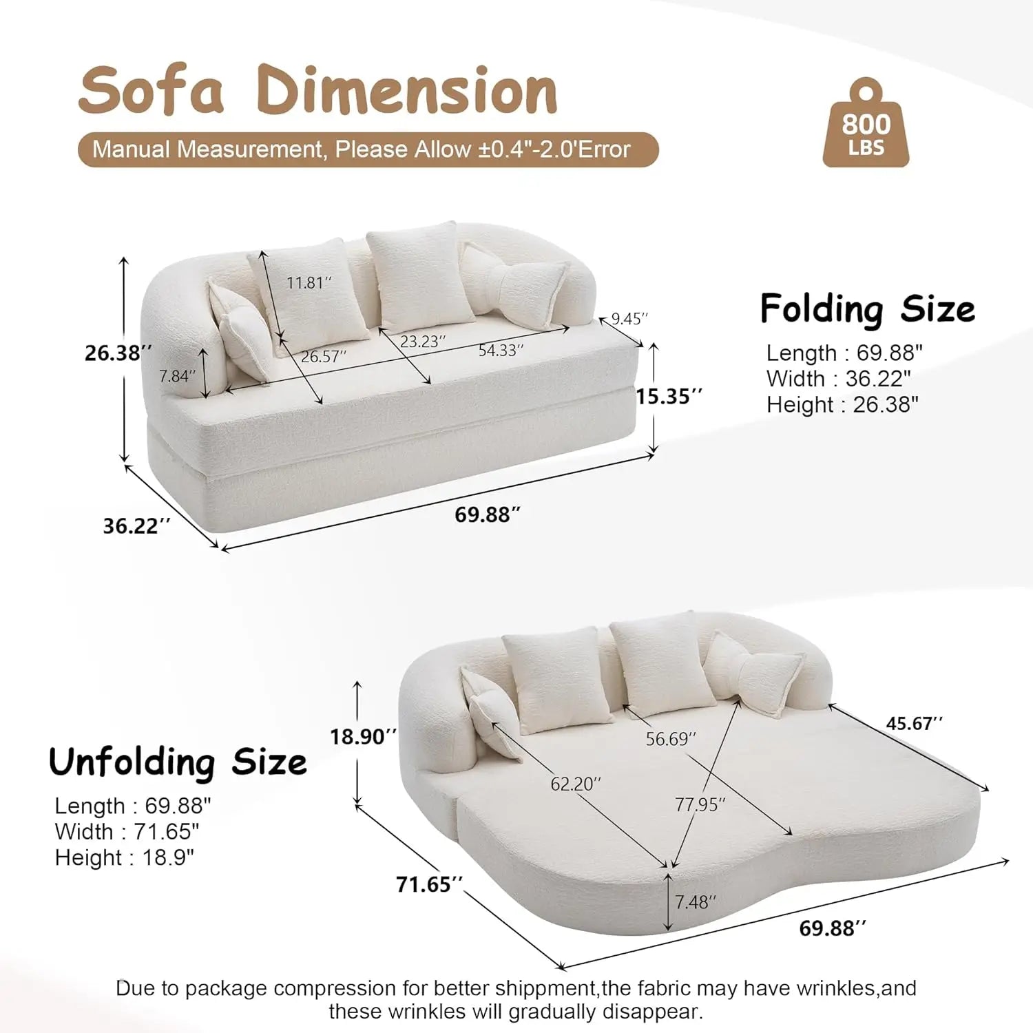 70"Convertible Folding Sofa Bed, 2-in-1 Boneless Loveseat Couch, Wood-grain Soft Chenille with 4 Pillows, Sleeper, Customized